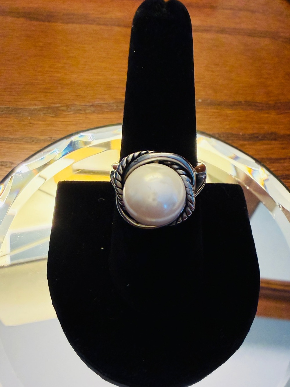Source Unknown Silver Ring with White Pearl Cabochon